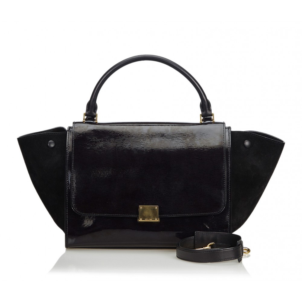 Céline Vintage - Patent Leather Trapeze Satchel Bag - Black