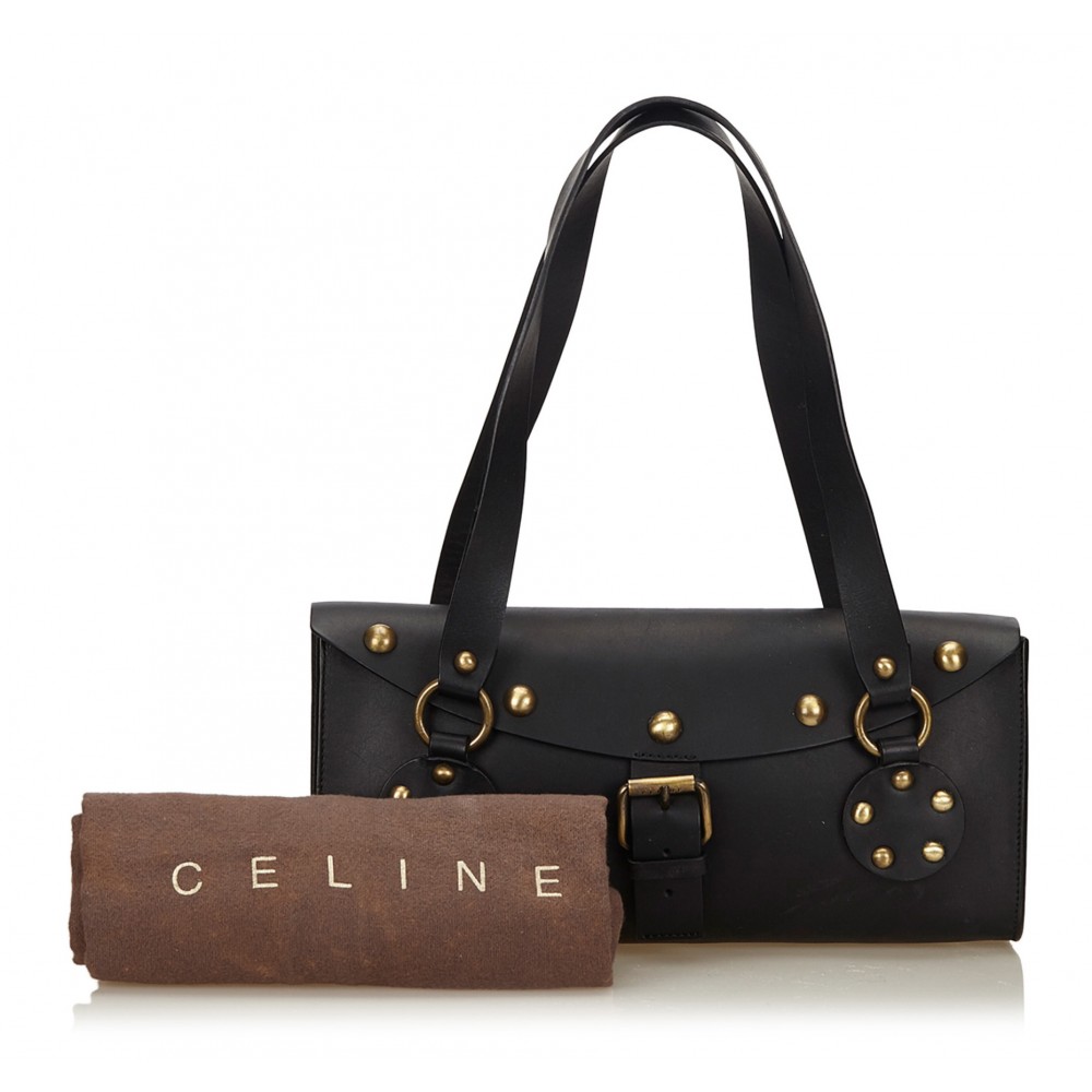 CELINE Triomphe Ostrich Leather Chain Shoulder bag Black Vintage