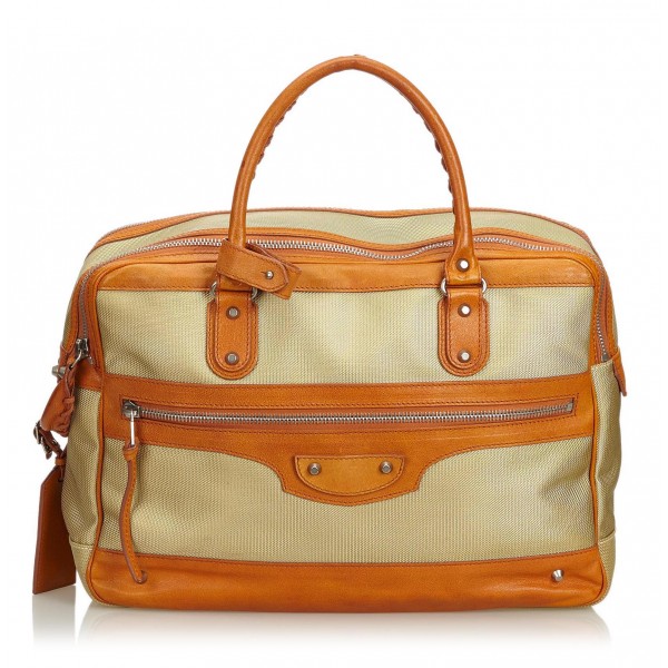 Balenciaga Vintage - Nylon Travel Bag - Brown Beige - Leather and Canvas Handbag - Luxury High Quality