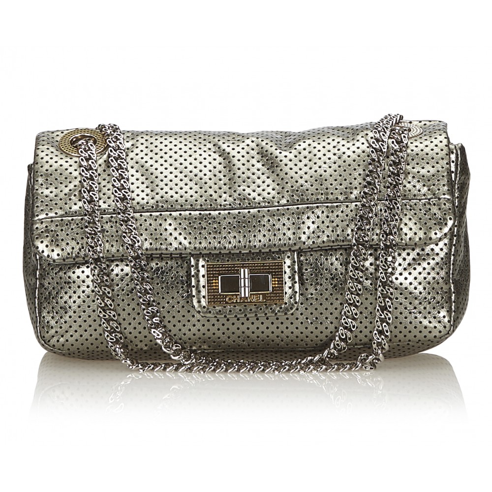Chanel Vintage - Perforated Leather Flap Bag - Grey Silver - Leather Handbag  - Luxury High Quality - Avvenice