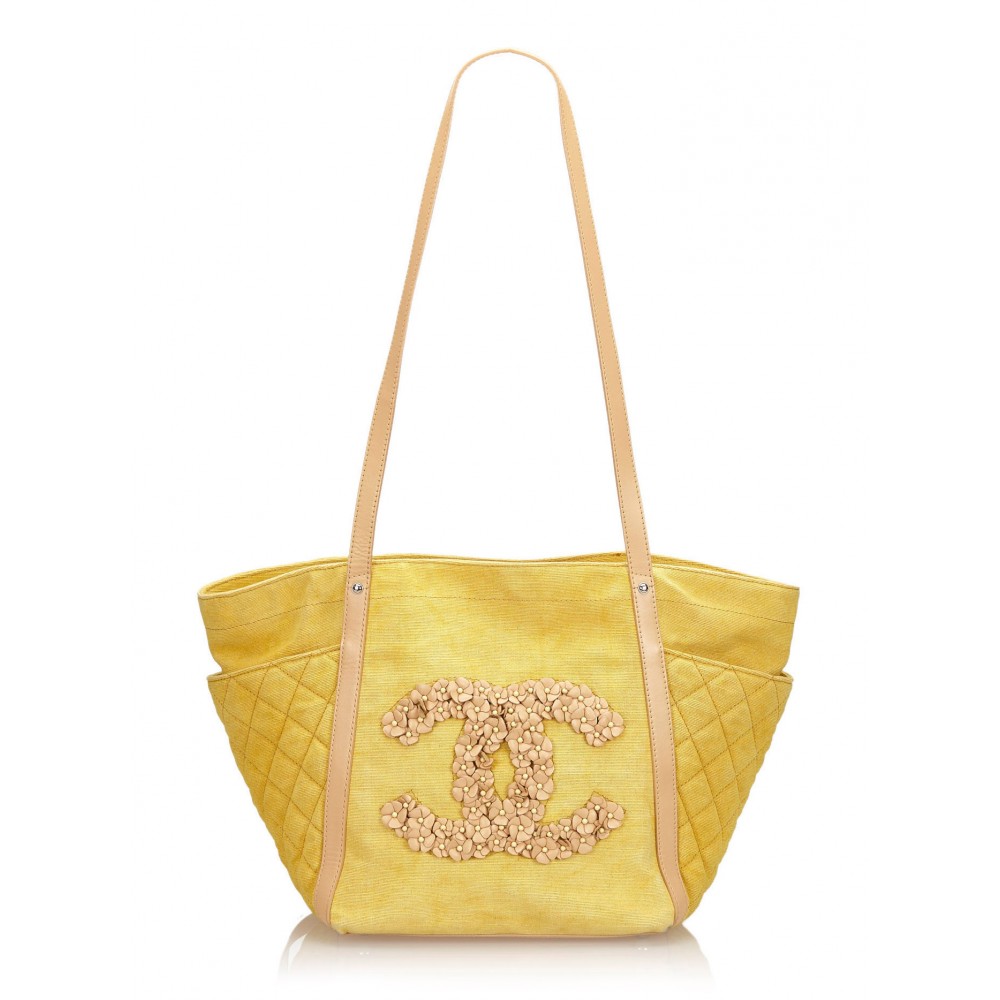 Chanel Vintage - Camellia CC Tote Bag - Yellow - Leather and Canvas Handbag  - Luxury High Quality - Avvenice