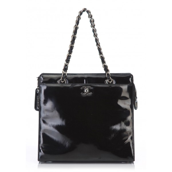 Chanel Vintage - Patent Leather Chain Tote Bag - Nero - Borsa in Pelle Verniciata - Alta Qualità Luxury