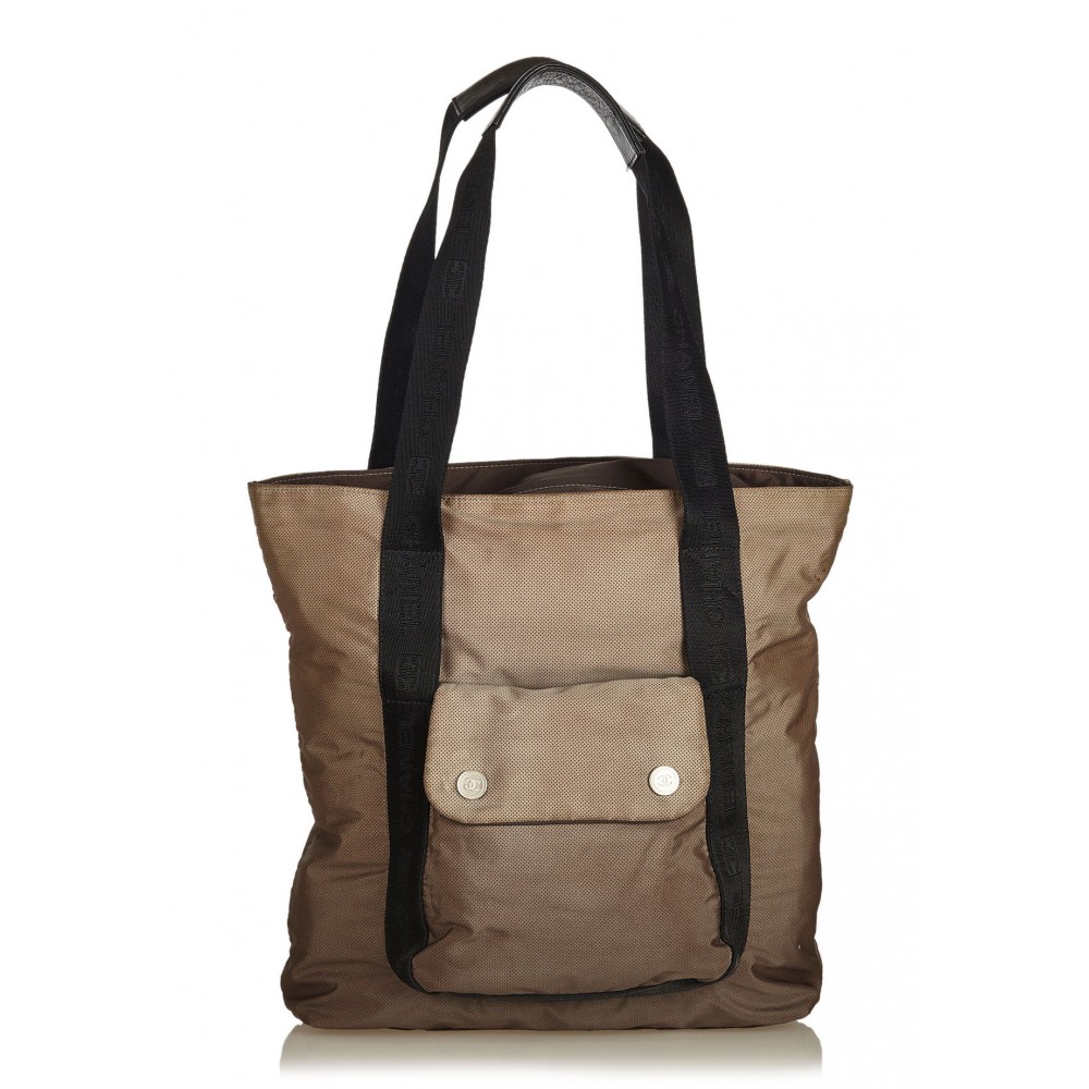 Authentic Chanel tan canvas leather 3 compartment tote shoulder bag purse