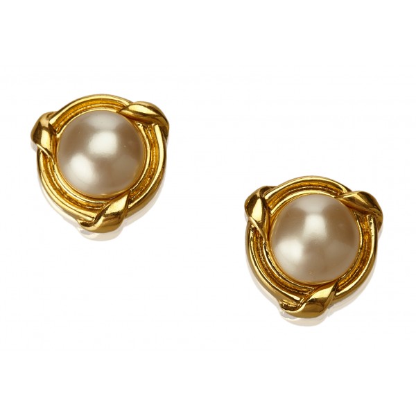 Chanel Gold-tone Metal Round Faux Pearl Logo Clip-on Earrings Auction