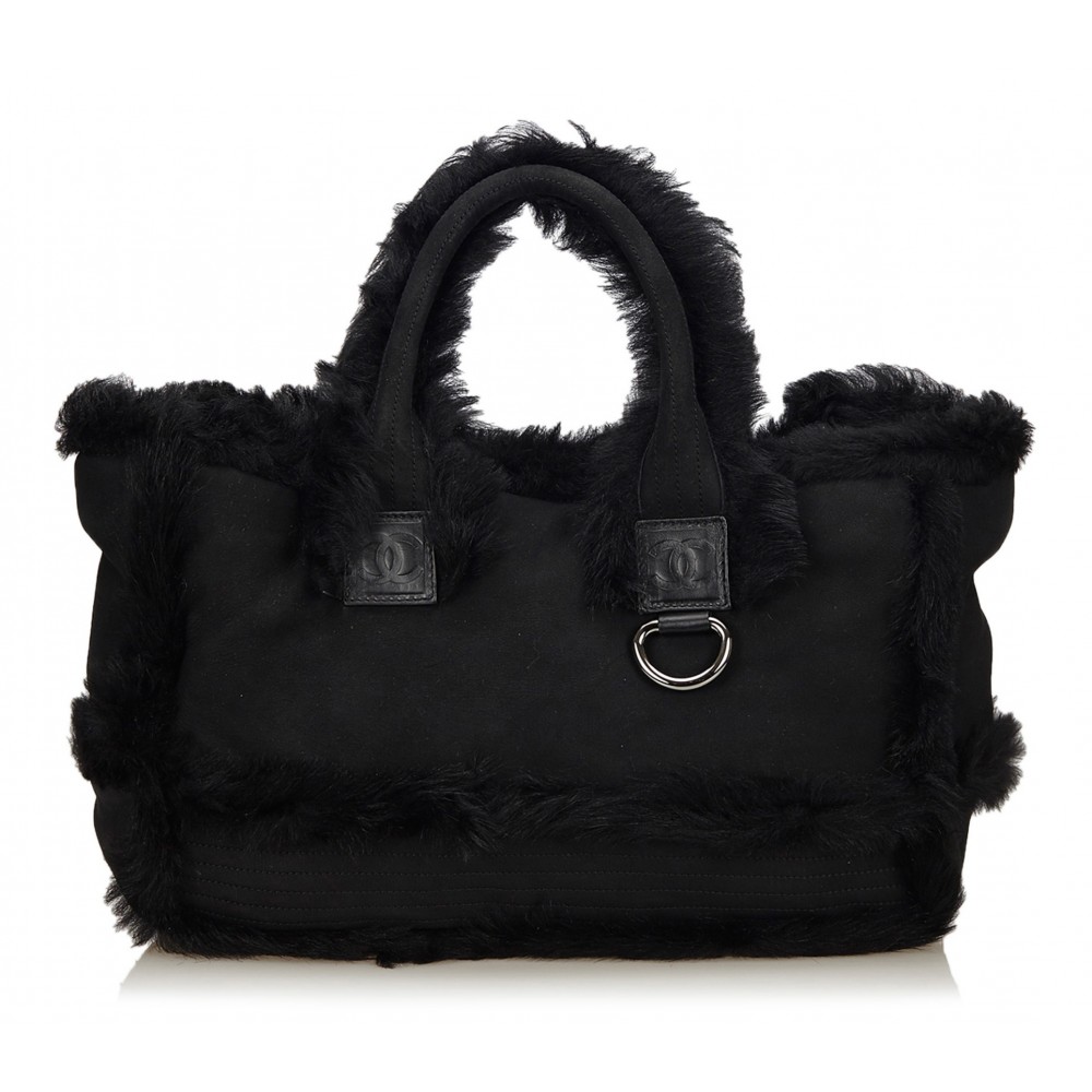 chanel vintage fur tote bag black fur handbag luxury high quality