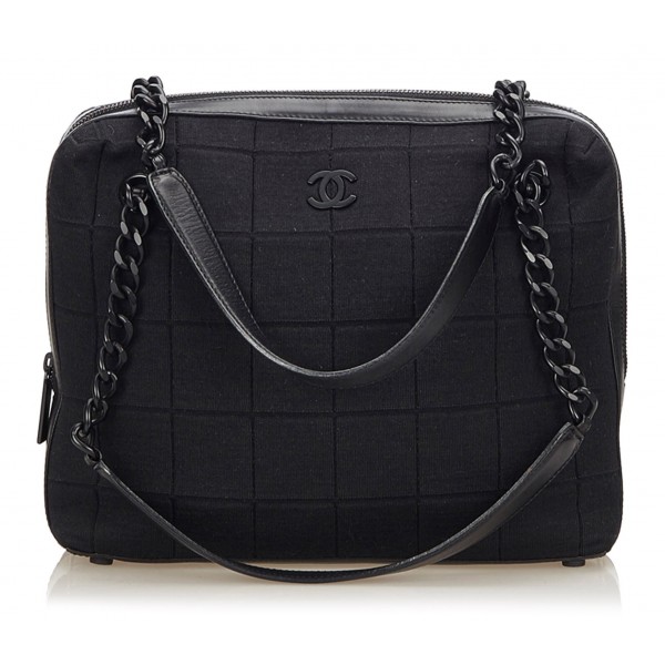 Chanel Vintage - Choco Bar Chain Cotton Handbag Bag - Black - Leather and Canvas Handbag - Luxury High Quality