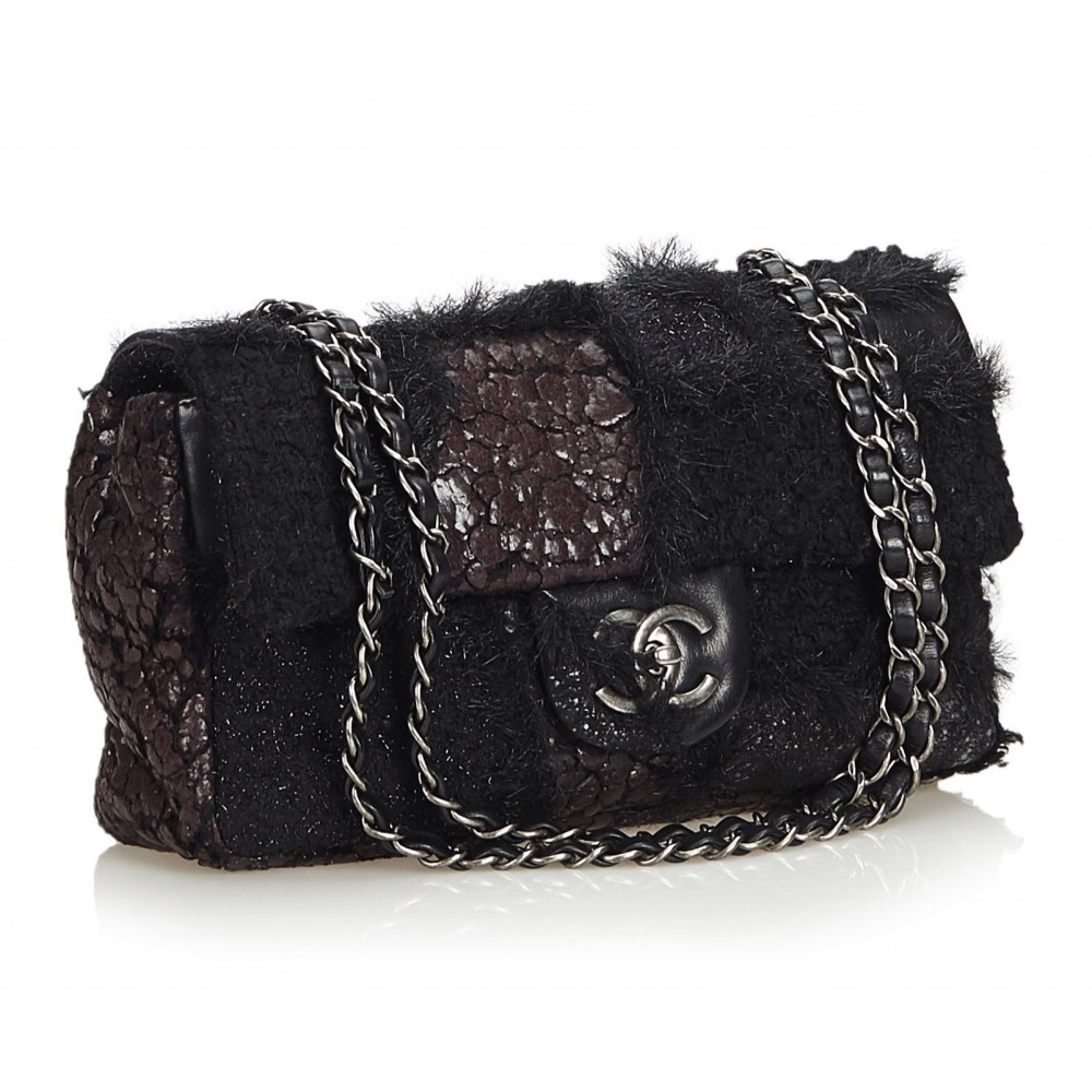 Chanel Vintage - Choco Bar Chain Cotton Handbag Bag - Black - Leather and Canvas  Handbag - Luxury High Quality - Avvenice