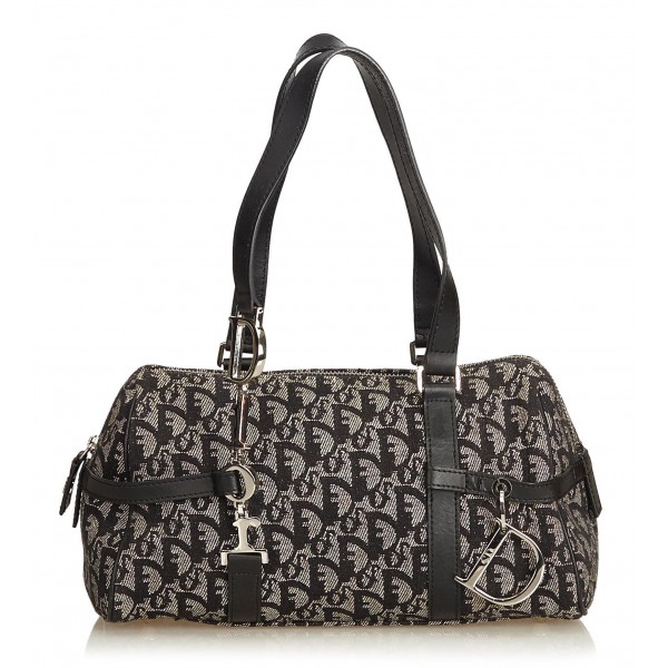 Dior Vintage - Oblique Canvas Boston Bag - Black Grey - Leather and Canvas Handbag - Luxury High Quality