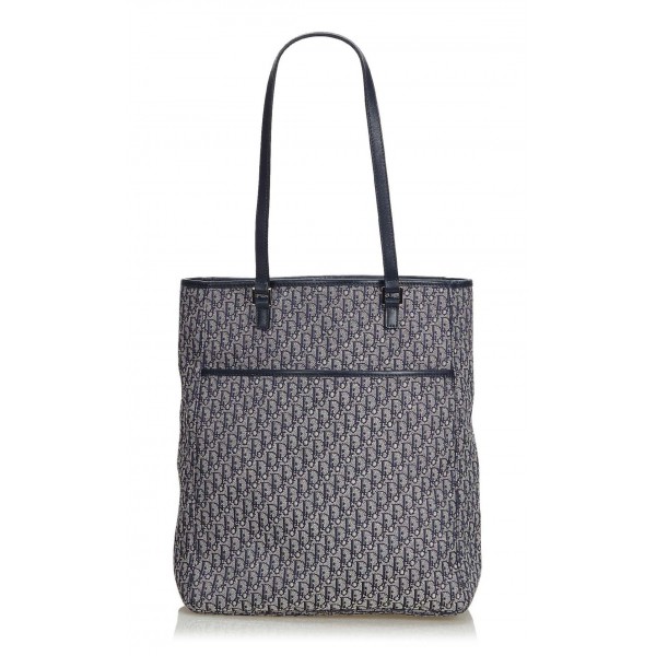 Dior Vintage - Oblique Jacquard Tote Bag - Blu Navy - Borsa in Pelle e Tessuto - Alta Qualità Luxury