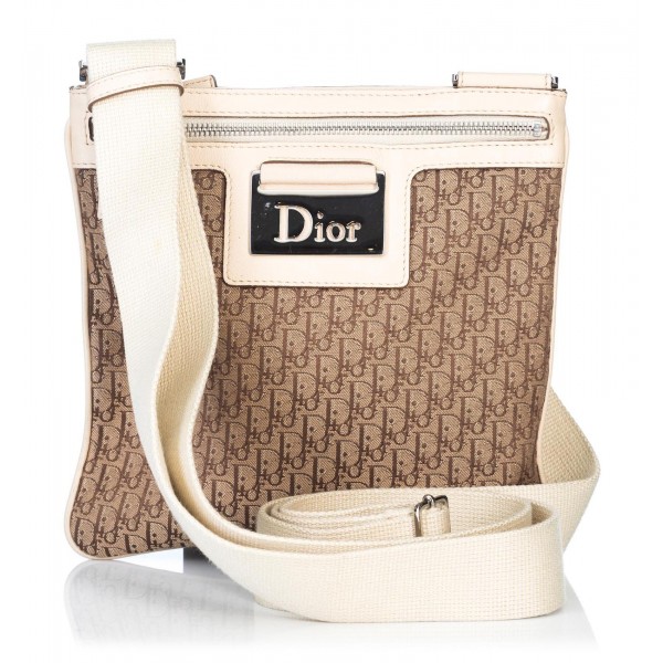 Dior Vintage - Oblique Jacquard Crossbody Bag - Marrone Beige - Borsa in Pelle e Tessuto - Alta Qualità Luxury
