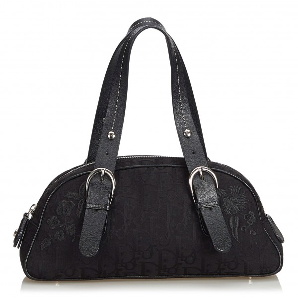 Dior Vintage - Oblique Floral Jacquard Handbag Bag - Black - Leather and Canvas Handbag - Luxury High Quality