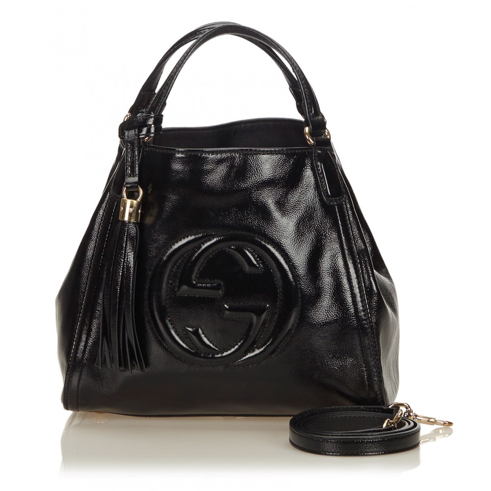 Italian GUCCI Medieval Black Patent Leather Square Large Handbag