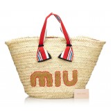 Miu Miu Vintage - Woven Strap Tote Bag - Marrone Beige - Borsa in Paglia - Alta Qualità Luxury