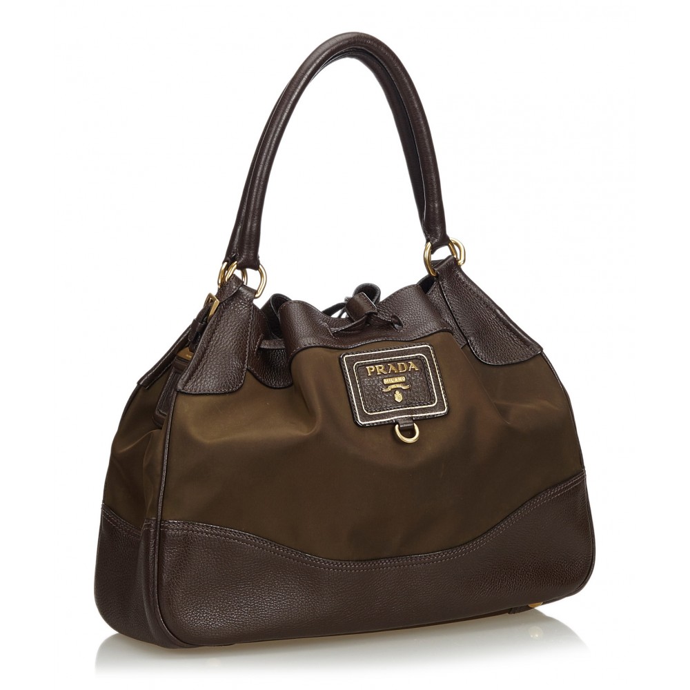 Prada Vintage - Nylon Drawstring Tote Bag - Brown - Leather