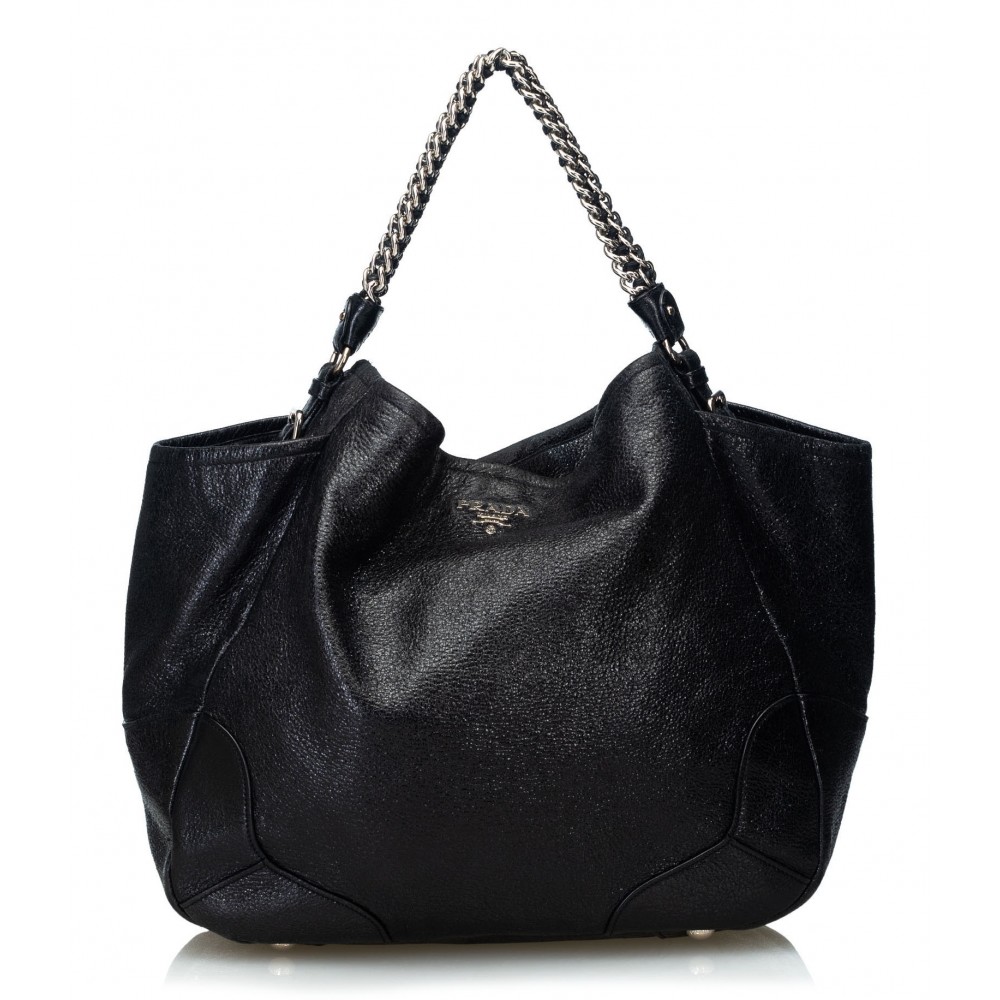 Prada Vintage - Cervo Lux Chain Tote Bag - Black - Leather Handbag ...