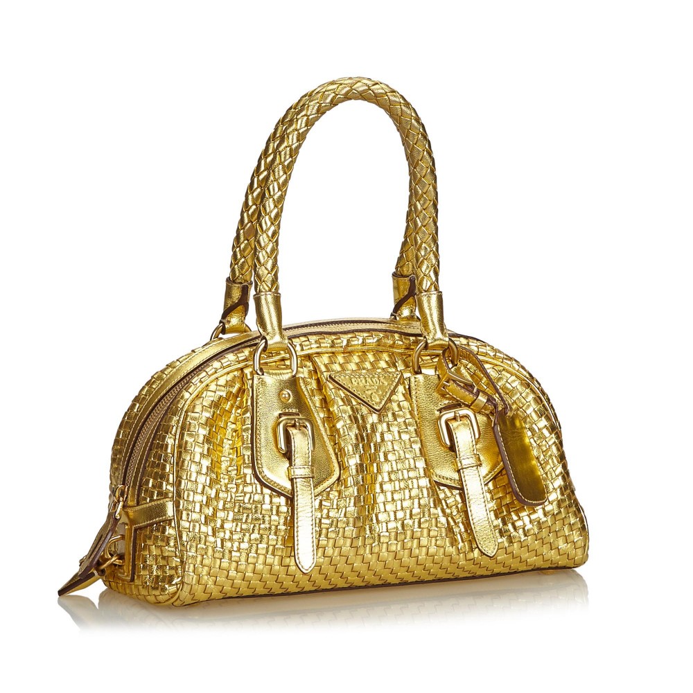 Prada Vintage - Madras Intreccio Frame Metallic Handbag Bag - Gold ...