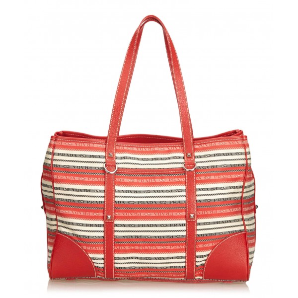 Prada Vintage - Striped Jacquard Tote Bag - Rossa Bianca - Borsa in Pelle - Alta Qualità Luxury
