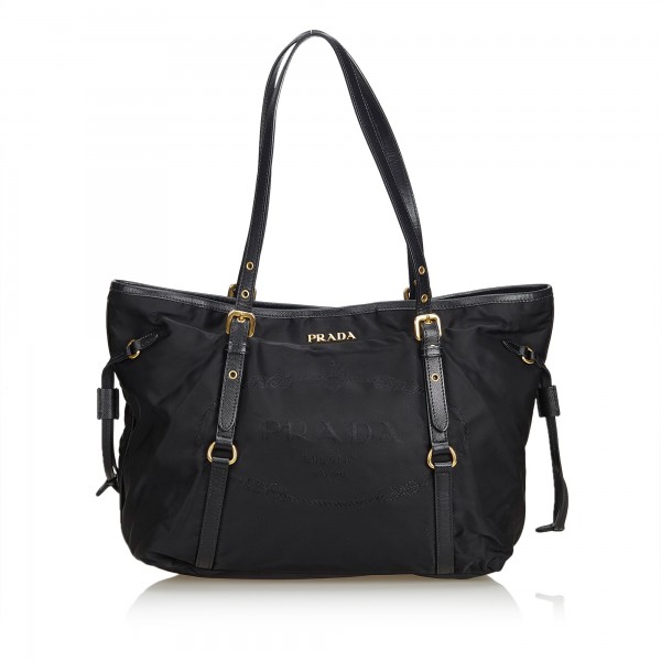 PRADA VINTAGE NYLON TOTE, black nylon with iconic monogram fabric matching  interior, leather and chain shoulder strap, silver tone hardware, three  main compartments, one with zip, 38cm x 13cm x 25cm H.