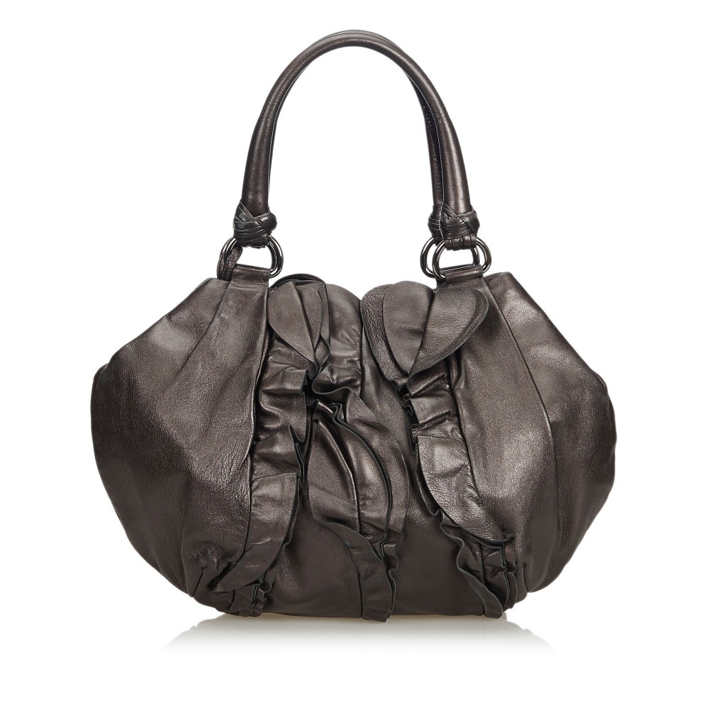 Prada Vintage - Ruffled Leather Handbag Bag - Black - Leather Handbag ...