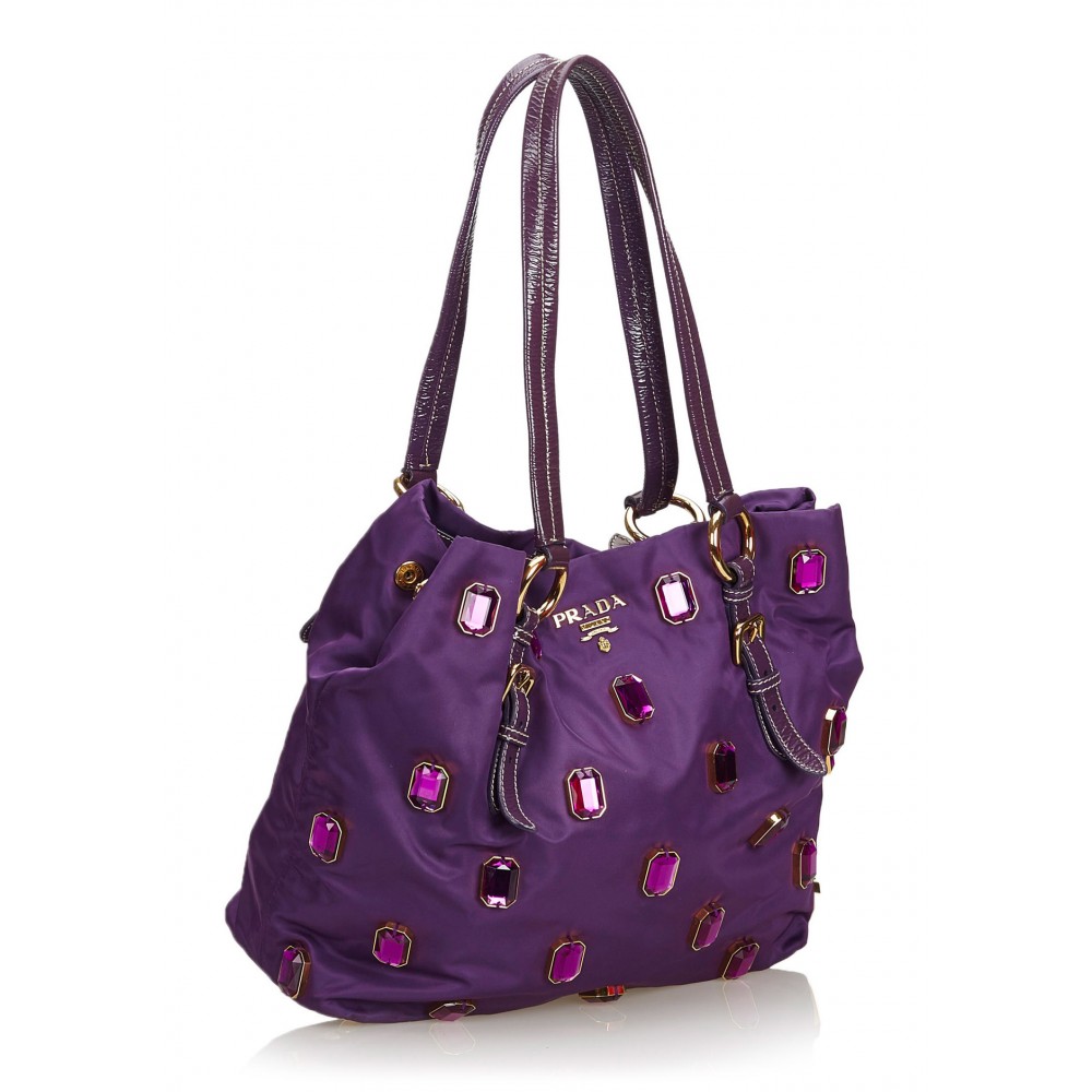 PRADA Vernice Trimmed Tessuto Nylon Tote Bag Purple