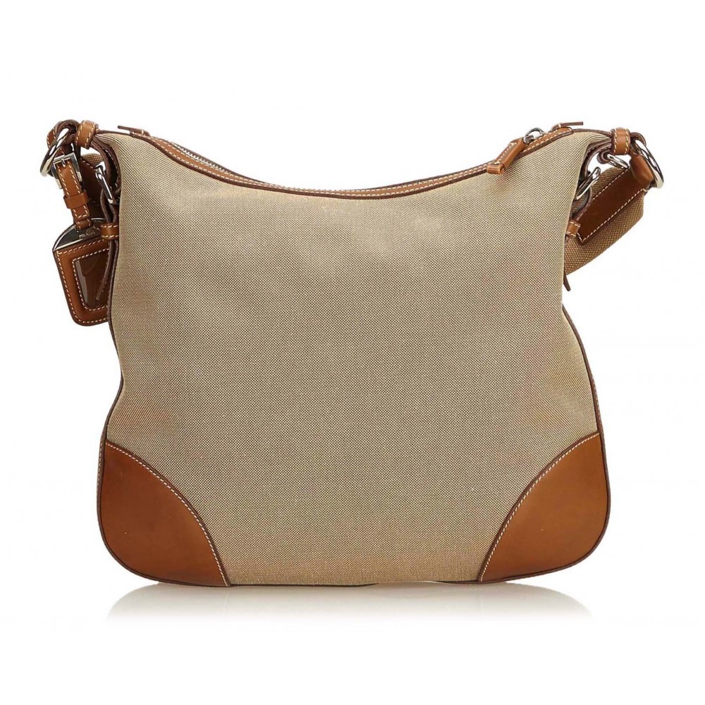 Prada Vintage - Embroided Logo Jacquard Crossbody Bag - Brown - Leather ...