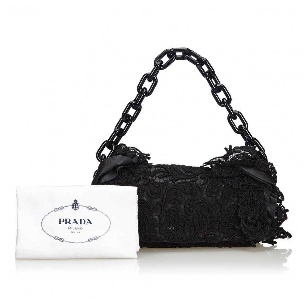 Prada Vintage Black Nylon Tote Bag w/Leather Laced Chain