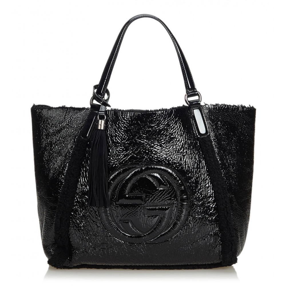 Gucci Vintage - Patent Soho Top Handle Bag - Black - Leather