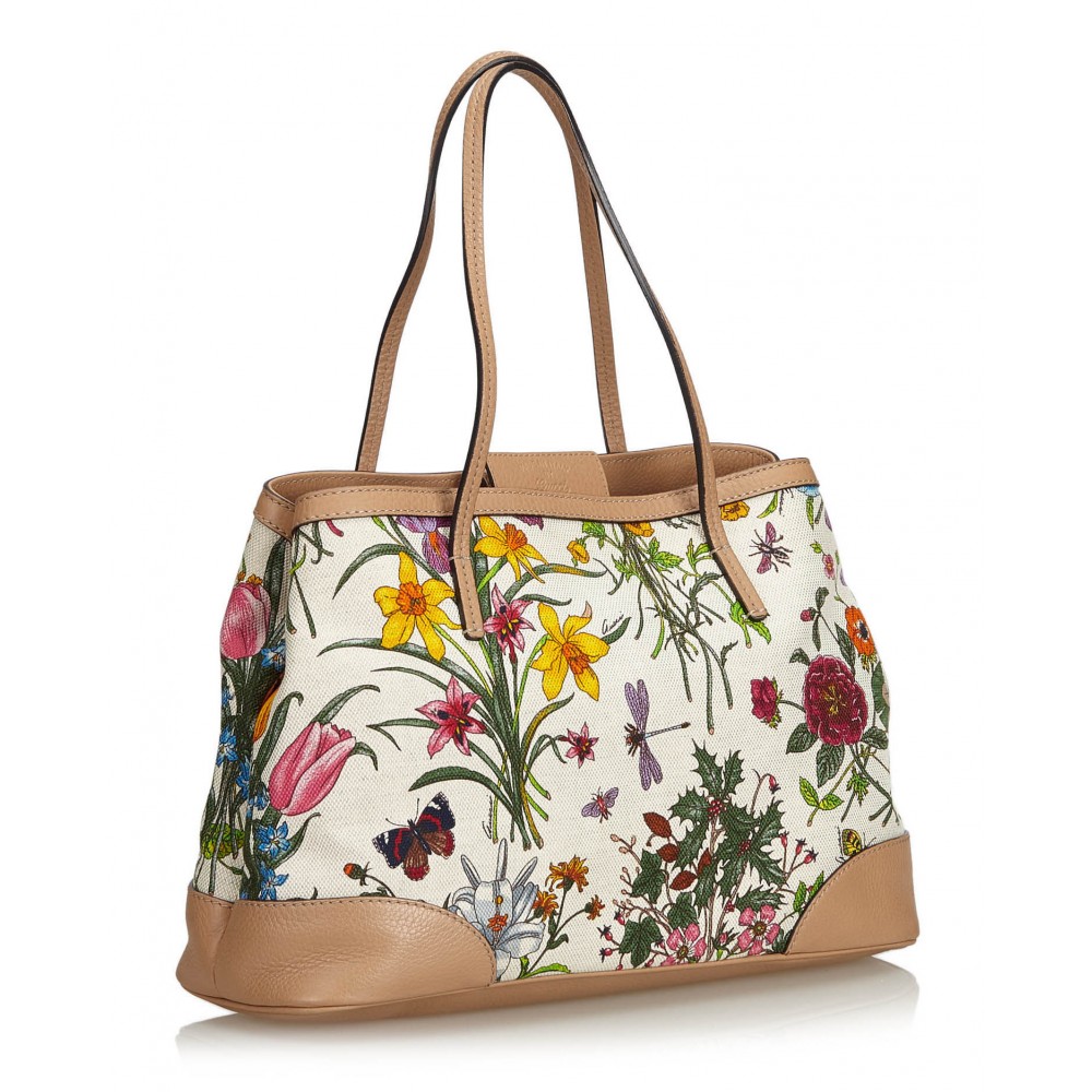 Gucci Vintage - Canvas Floral Tote Bag - White - Leather Handbag ...