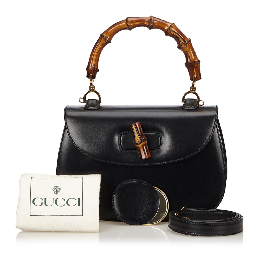 Gucci Vintage Black Textured Leather Bamboo Handle Vanity Bag, myGemma
