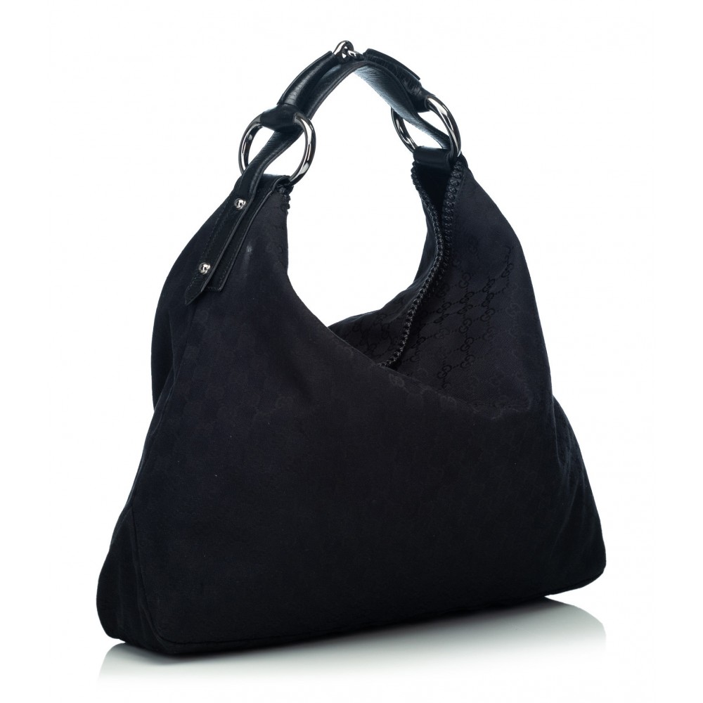Gucci Black Leather Horsebit Hobo Bag with Silver Hardware.