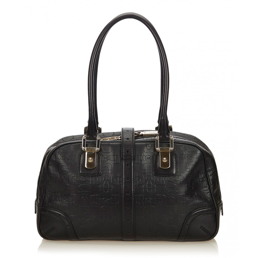 Large Black Leather Vintage GUCCI Shoulder Handbag Gusseted