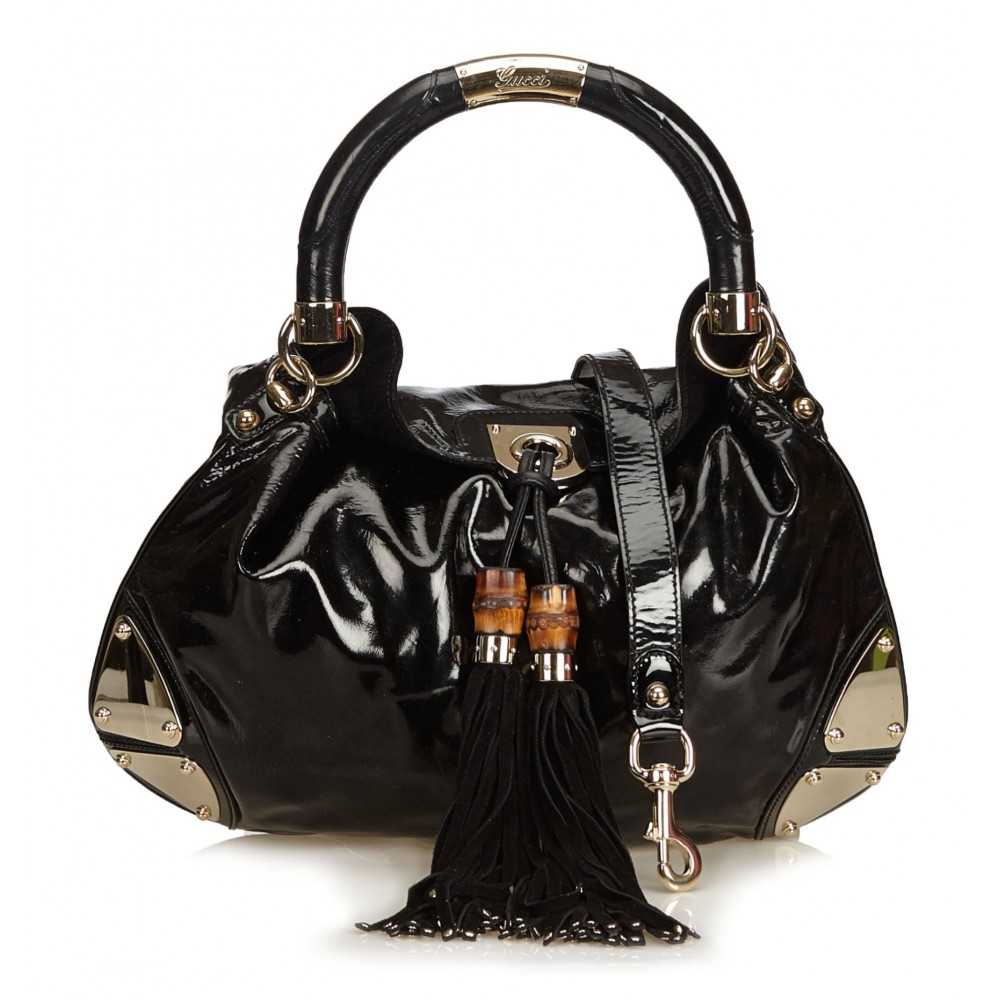 Gucci Vintage - Bamboo Patent Leather Indy Satchel Bag - Black - Leather Handbag - Luxury High ...