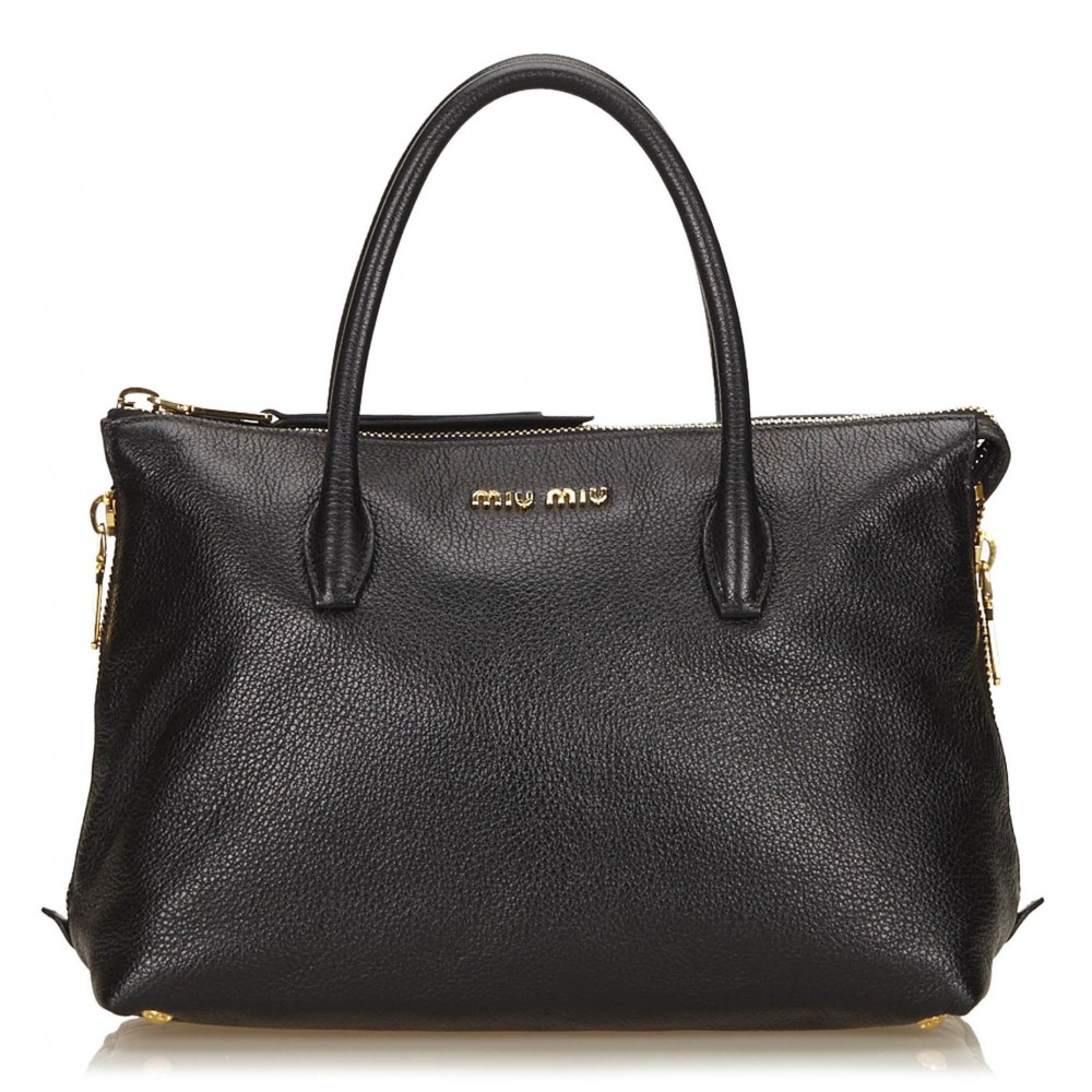 Miu Miu Leather Double Strap Zipper Shoulder Tote Handbag, Black