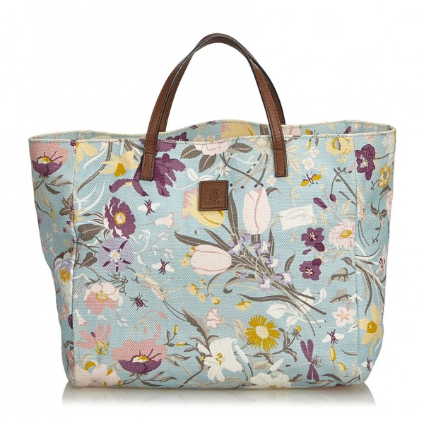 Gucci Vintage - Flora Canvas Tote Bag - Blue - Leather Handbag - Luxury High Quality