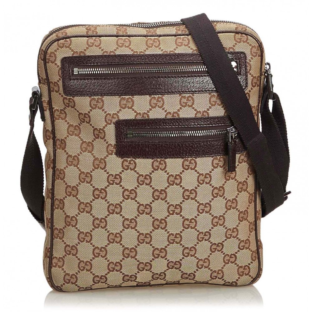 GUCCI GG Canvas Crossbody Bag 92551 Shoulder Bag Brown Beige Zip Leather