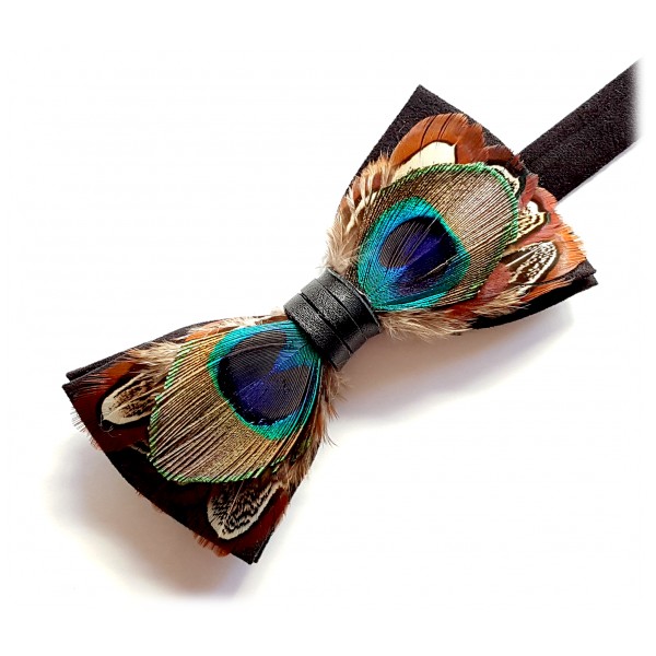 Genius Bowtie - Darwin - Black - Suede Leather Bow Tie with Feathers - Luxury High Quality Bow Tie