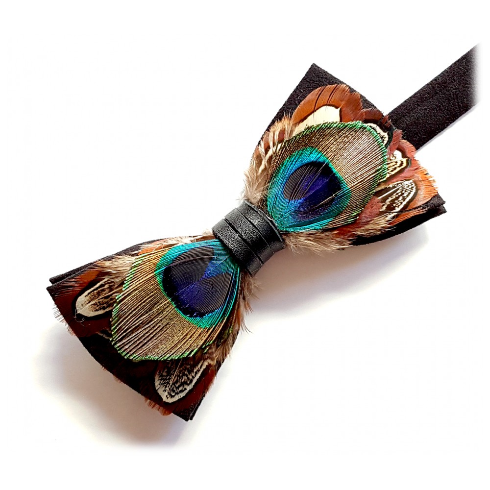 Genius Bowtie - Darwin - Black - Suede Leather Bow Tie with Feathers ...