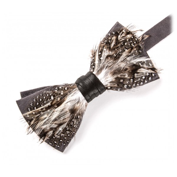 Genius Bowtie - Galileo - Grey - Suede Leather Bow Tie with Feathers - Luxury High Quality Bow Tie