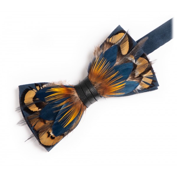 Genius Bowtie - Pasteur - Nero - Papillon in Pelle Scamosciata con Piume - Farfallino di Alta Qualità Luxury