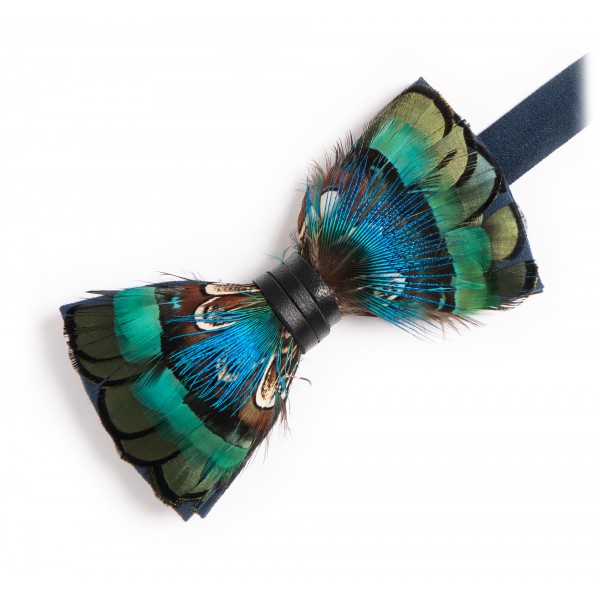 Genius Bowtie - Botticelli - Blu Navy - Papillon in Pelle Scamosciata con Piume - Farfallino di Alta Qualità Luxury