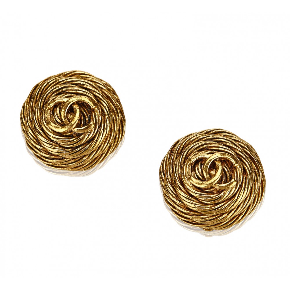 Chanel CC Vintage Textured Faux Pearl Gold Plated Clip-on Stud Earrings  Chanel