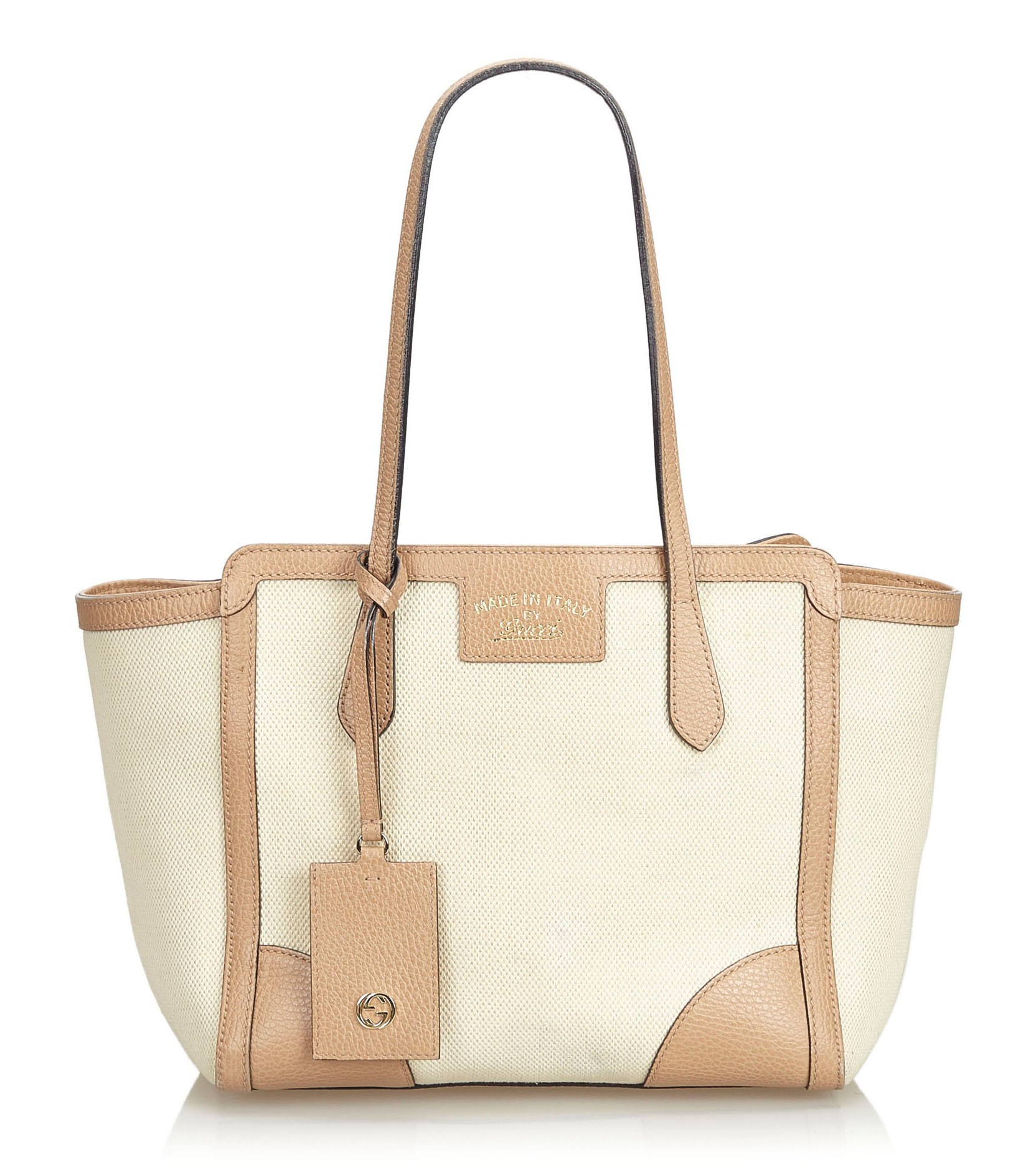 Gucci Vintage - Canvas Swing Tote Bag - Ivory Brown - Leather