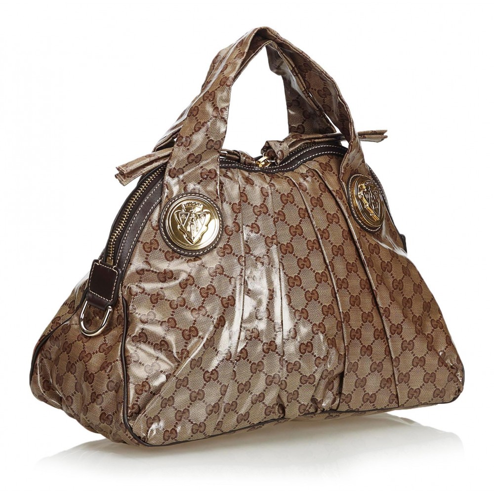 Gucci Brown/Beige GG Crystal Canvas and Leather Large Hysteria Hobo Gucci