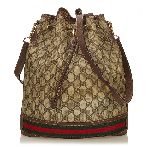 Gucci Vintage - Guccissima Web Canvas Drawstring Bucket Bag - Marrone - Borsa in Pelle - Alta Qualità Luxury