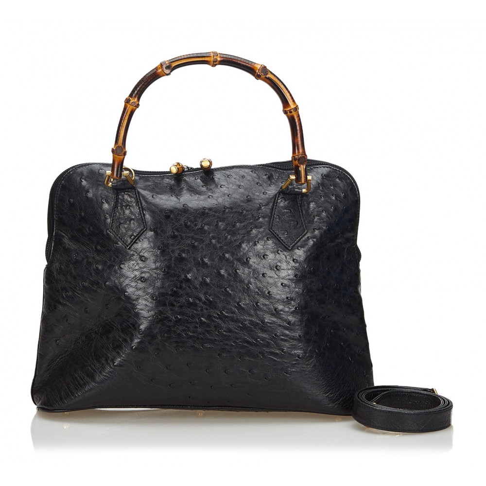 Gucci Vintage - Ostrich Bamboo Satchel Bag - Black - Leather