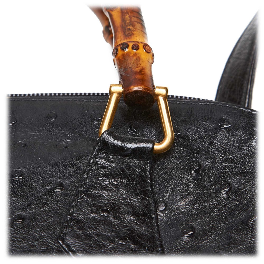 Gucci Vintage - Ostrich Bamboo Satchel Bag - Black - Leather Handbag ...