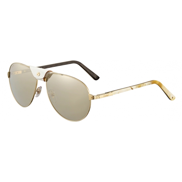 Cartier - Aviator - Metallo Corno Bianco Carbonio Oro Champagne - Santos de Cartier - Occhiali da Sole - Cartier Eyewear