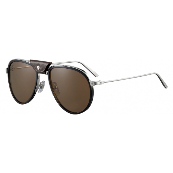 Cartier - Aviator - Metal Black Horn Carbon Platinum Pola Brown - Santos de Cartier - Sunglasses - Cartier Eyewear