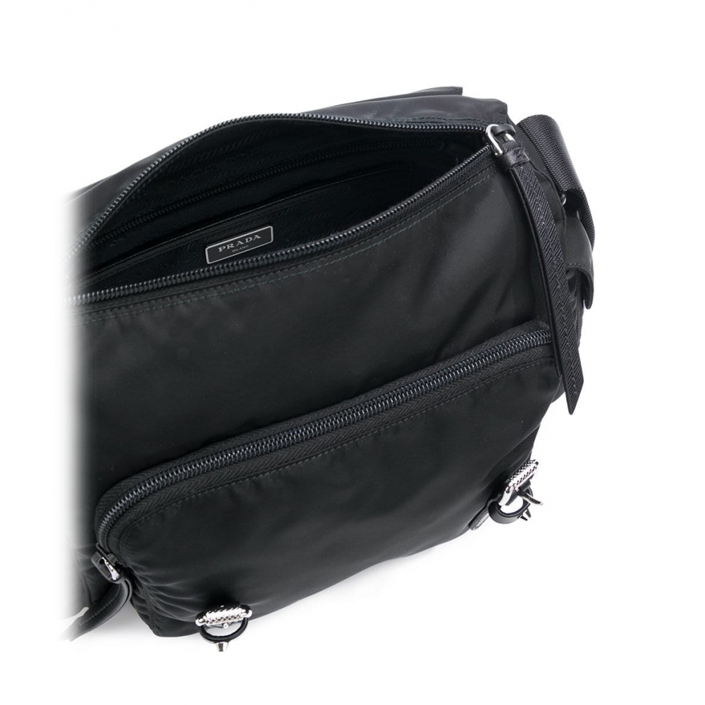 Prada Black Saffiano Lux Leather Studded Idol Shoulder Bag
