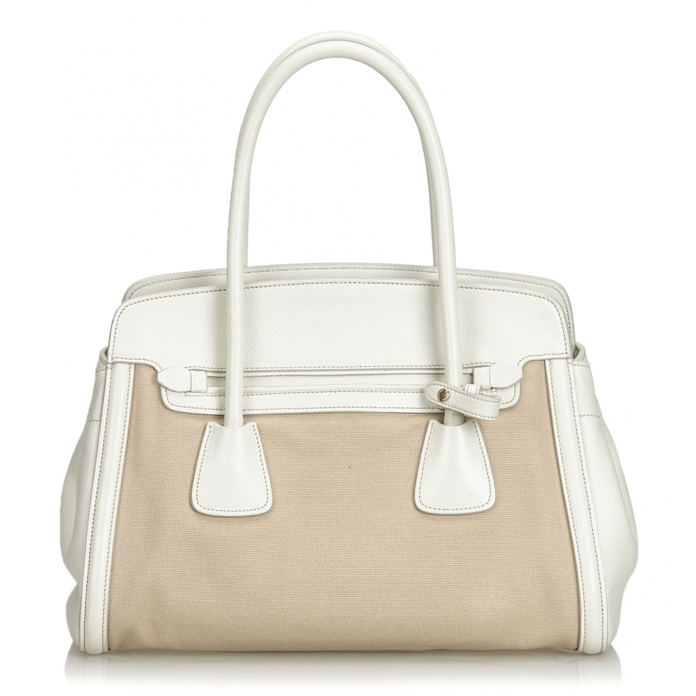 Saffiano Cuir Large Double-Zip Tote Bag White (Talco)